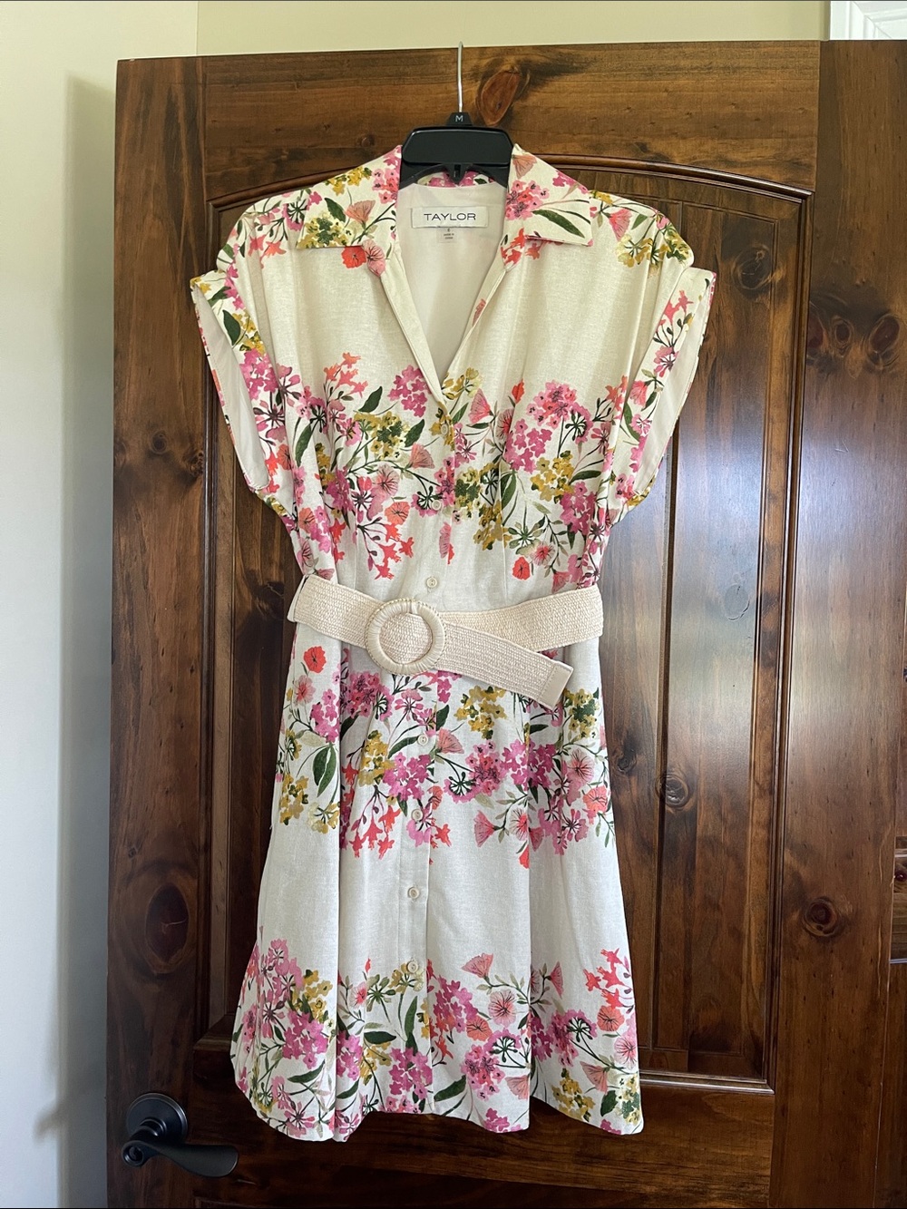 Taylor Cream Floral Belted Mini Dress with Pink and Green Print